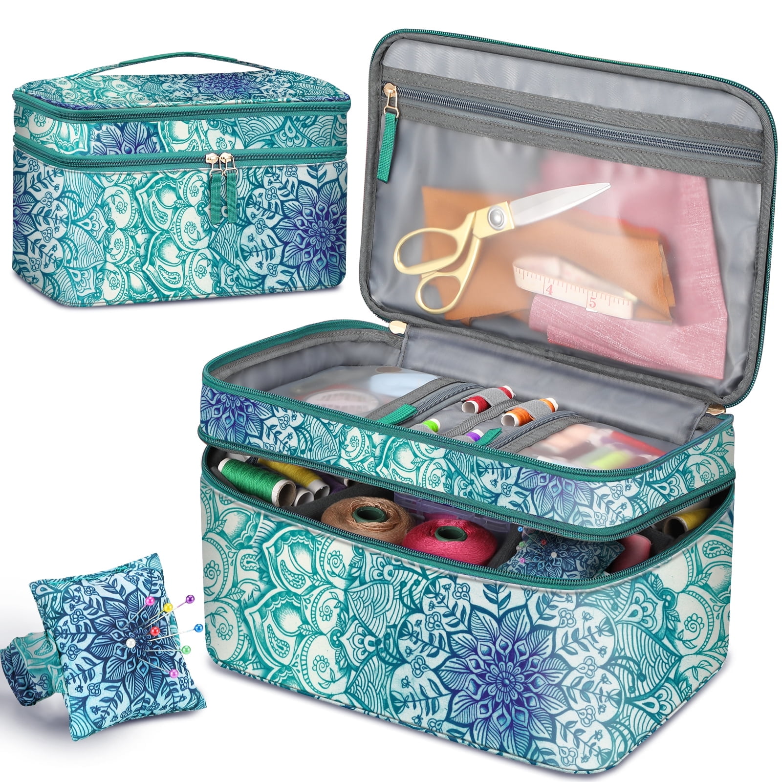 FINPAC Sewing Accessories Storage and Organizer Case, Double-Layer Sewing Kits Carrying Bag with Wrist Pin Cushion for Threads, Needles, Embroidery Floss Supplies, Felting Kits，Emerald Illusions