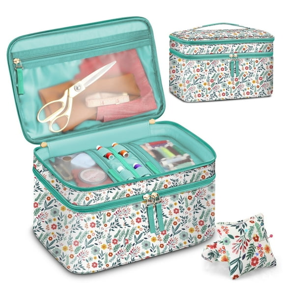 FINPAC Sewing Accessories Storage and Organizer Case, Double-Layer Sewing Kits Carrying Bag with Wrist Pin Cushion for Threads, Needles, Embroidery Floss Supplies, Felting Kits,Spring Bloom