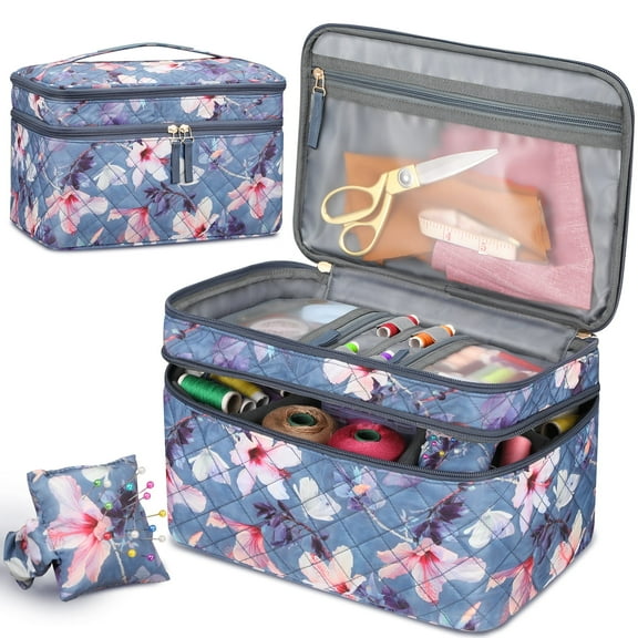 FINPAC Sewing Accessories Storage and Organizer Case, Double-Layer Sewing Kits Carrying Bag with Wrist Pin Cushion for Threads, Needles, Embroidery Floss Supplies, Felting Kits，Blooming Hibiscus