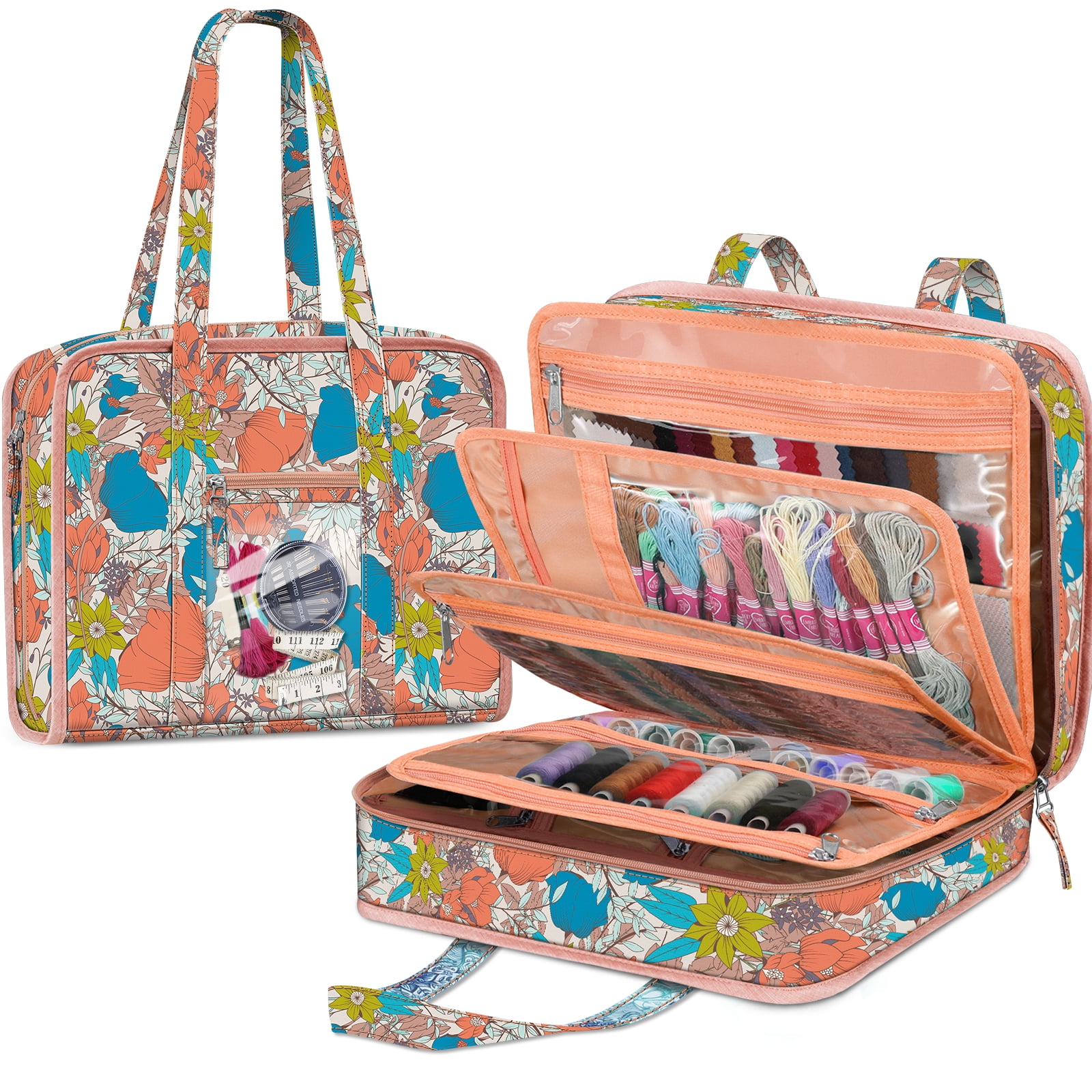 FINPAC Sewing and Craft Supplies Storage Tote, Large Capacity Travel Packing Organizer Bag with Clear Pockets and Handle for Knitting, Crochet, Art, Sewing Accessories, Vintage Floral