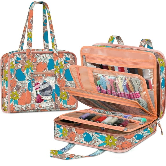 FINPAC Sewing and Craft Supplies Storage Tote, Large Capacity Travel Packing Organizer Bag with Clear Pockets and Handle for Knitting, Crochet, Art, Sewing Accessories, Vintage Floral