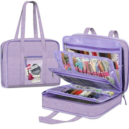 FINPAC Sewing and Craft Supplies Storage Tote, Large Capacity Travel Packing Organizer Bag with Clear Pockets and Handle for Knitting, Crochet, Art, Sewing Accessories, Lavender