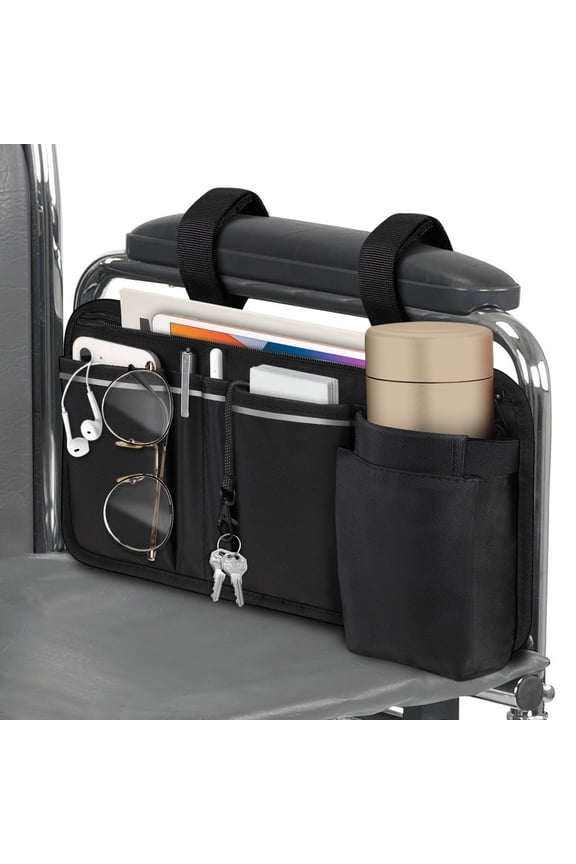 Wheelchair Side Storage Bag, Wheelchair Armrest Accessories Pouch with Cup Holder, Pen Slot and Reflective Strips for Power Walkers, Rollators, Seniors, Black
