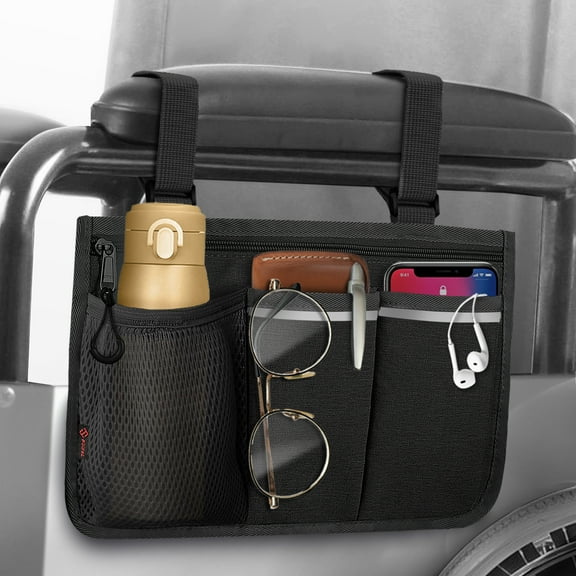 FINPAC Wheelchair Side Storage Bag with Cup Holder, Armrest Accessories Pouch for Power Wheelchairs, Walkers, Rollators, Seniors (Black)