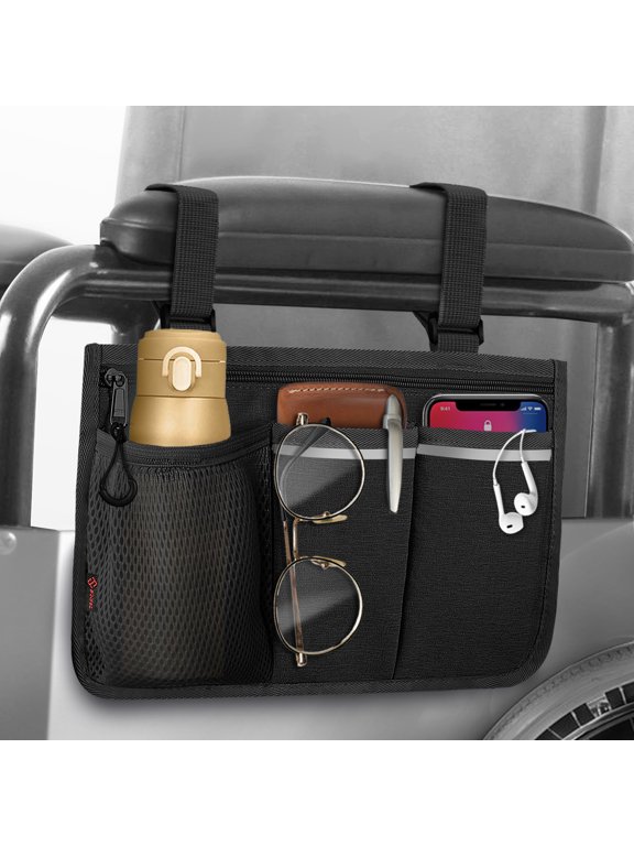 Wheelchair Side Storage Bag with Cup Holder, Armrest Accessories Pouch for Power Wheelchairs, Walkers, Rollators, Seniors (Black)