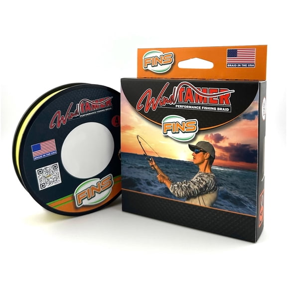 FINS Braids Windtamer Versatile Compact 4-End Braided Fishing Line, Hi-Viz Yellow 65 lb 150 Yds
