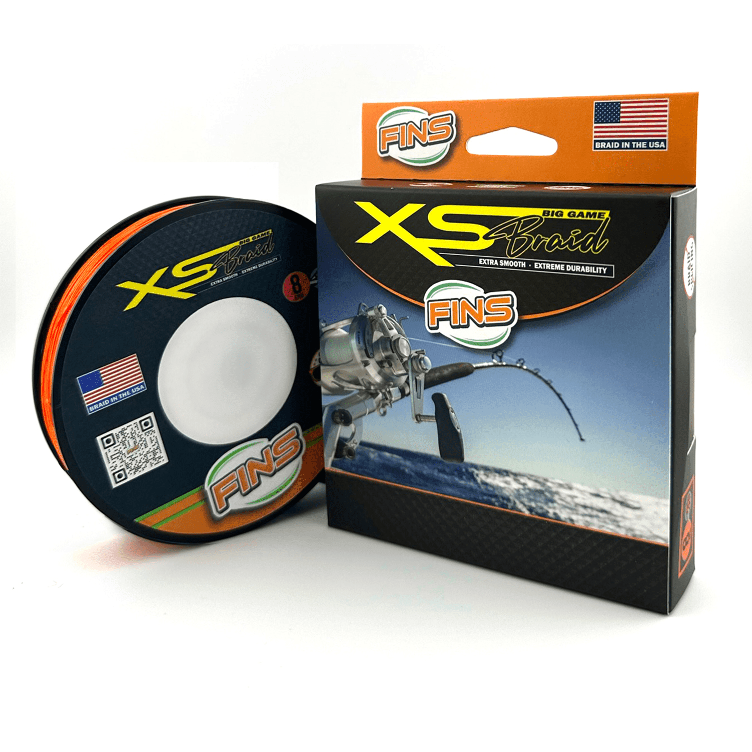 FINS Braids XS Big Game 8-End Extreme Durability Braided Fishing Line, Orange 80 lb 4000 Yds