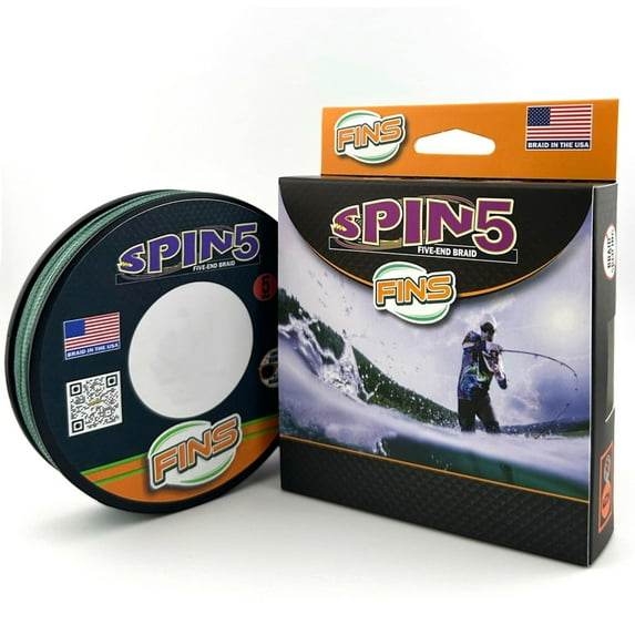 FINS Spin5 5-End Braided Fishing Line for Spinning & Baitcasting Reels, Green 65 lb 150 Yds