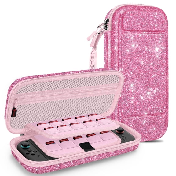 FINTIE Case for Nintendo Switch 2 (2025), Shockproof Hard Shell Carrying Cover Portable Protective Travel Bag with 20 Game Card Slots & Inner Pocket, Glittering Pink
