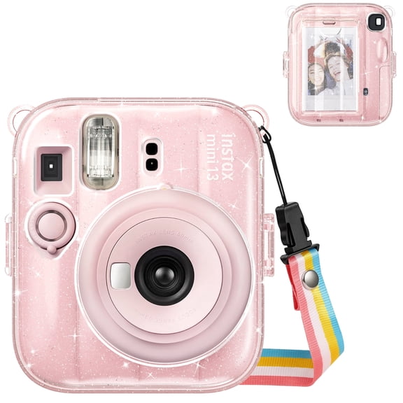 FINTIE Protective Clear Case for Fujifilm Instax Mini 13 Instant Camera - Crystal Hard Shell Cover with Upgraded Film Pocket for Storing Photos & Removable Shoulder Strap, Glittering Pink