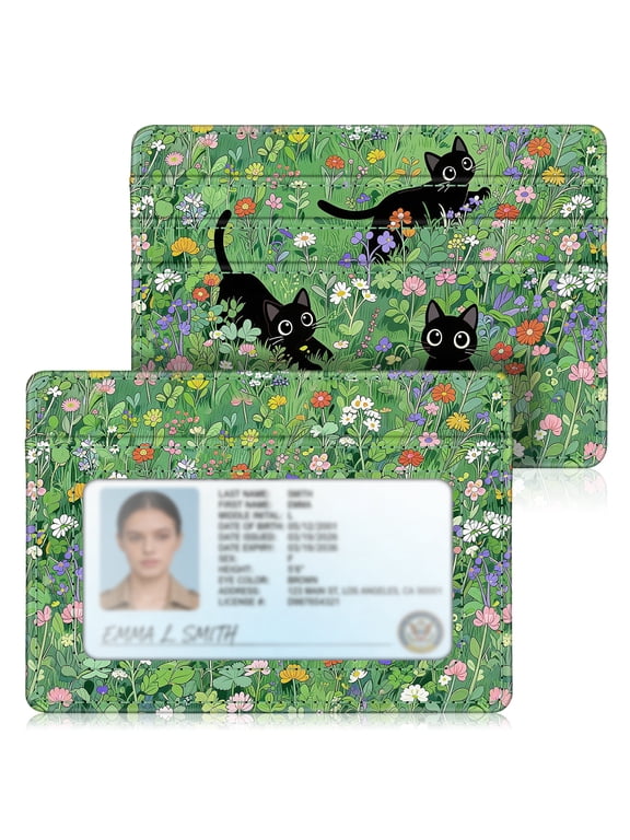 Slim Minimalist Front Pocket Wallet, RFID Blocking Credit Card Holder Card Cases with ID Window for Men Women, Black Cats