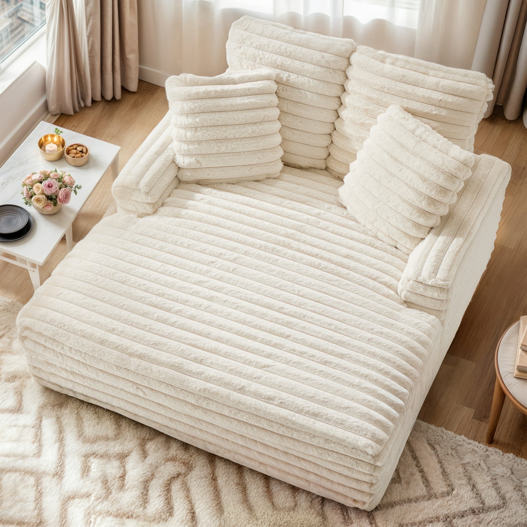 FIONA’S MAGIC 53" Oversized Chaise Lounge Chair with 4 Striped Pillow, Velvet Full Size Chair Bed for Living Room, Bedroom, White
