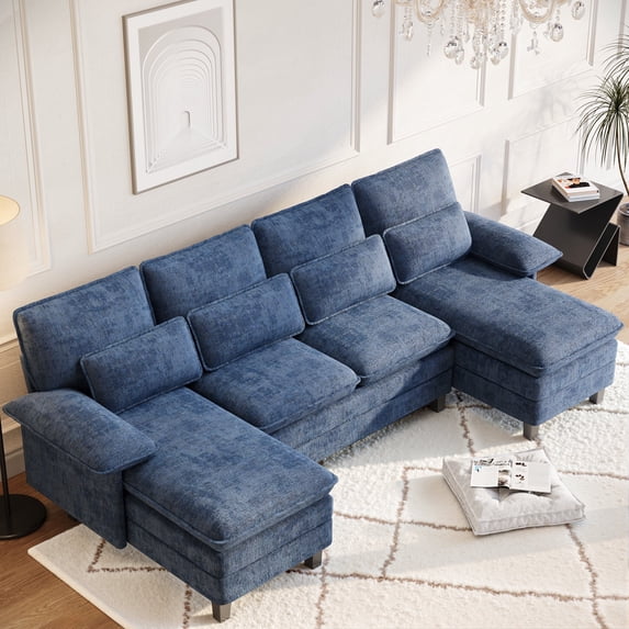 FIONA'S MAGIC Modern U-Shaped Sectional Sofa with Double Chaise & Movable Ottomans, 4-Seat Chenille Fabric Couch for Living Room, Blue