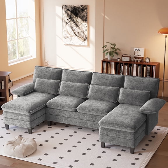 FIONA'S MAGIC Modern U-Shaped Sectional Sofa with Double Chaise & Movable Ottomans, 4-Seat Chenille Fabric Couch for Living Room, Light Grey
