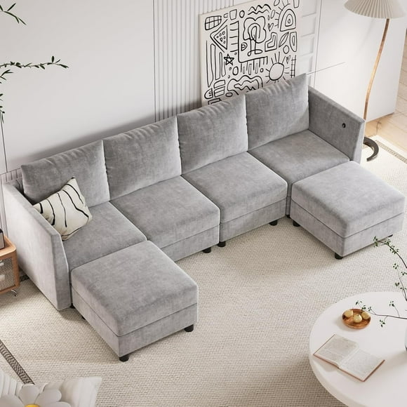 FIONA’S MAGIC Modular Sectional Couch, 6 Seats L Shaped Couch with Storage, Modern Chenille Sofa Set with USB Charging Ports, Comfy Couches with Chaise for Living Room, Office, Light Grey