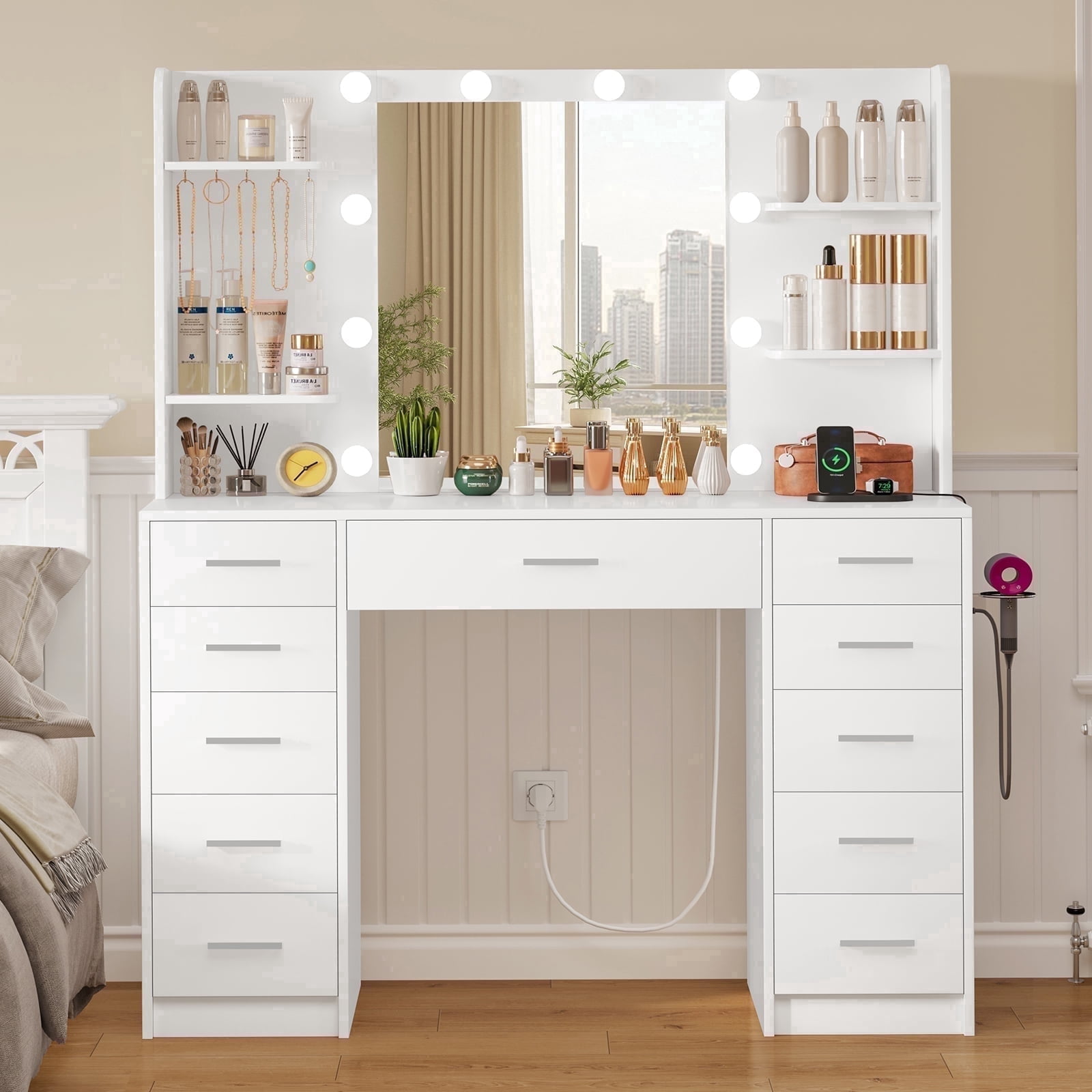 Makeup Vanity Set with Mirror, Vanity Desk with 11 Drawers and Adjustable Lights, Power Outlet, 6 Open Storage Shelves & 5 Hooks, vanity set for Bedroom, White