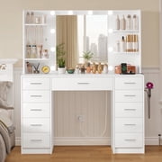 Makeup Vanity Set with Mirror, Vanity Desk with 11 Drawers and Adjustable Lights, Power Outlet, 6 Open Storage Shelves & 5 Hooks, vanity set for Bedroom, White