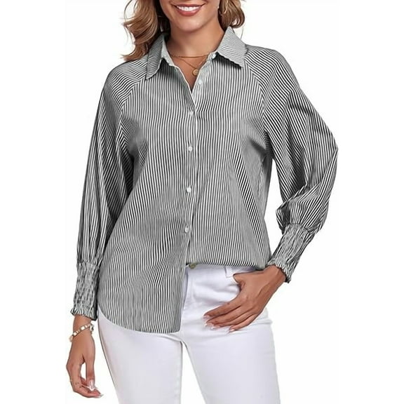 FIOPHY Button Down Shirts Striped Puff Long Sleeve Oversized Blouses Boyfriend Loose Tunics Collar Top,Black and White Stripe,L