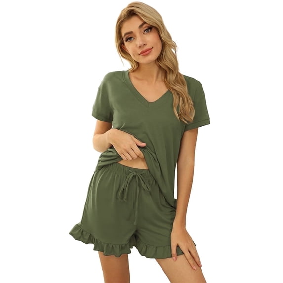 FIOPHY Summer 2 Piece Sets for Women Lounge Pajama Outfits Short Sleeve Tops and Ruffles High Waisted Shorts