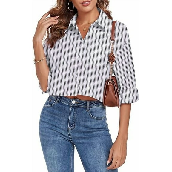 FIOPHY Women's Button Down Shirt Cropped Oversize Boyfriend Long Sleeve Collared Crop Loose Blouses with Pocket,Black &White Stripe, M