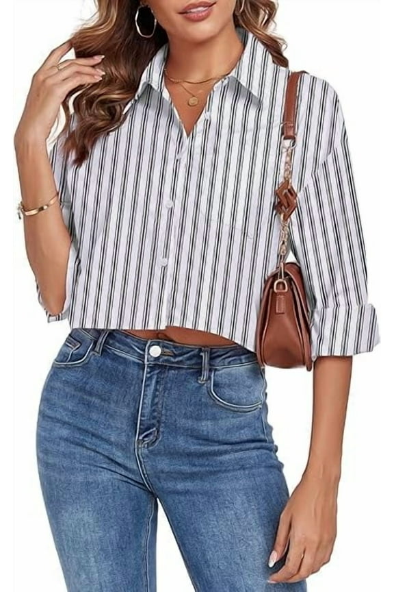 Women's Button Down Shirt Cropped Oversize Boyfriend Long Sleeve Collared Crop Loose Blouses with Pocket,Black &White Stripe, M