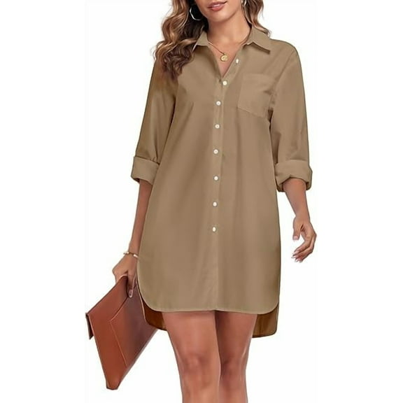 FIOPHY Women's Button Down Shirt Dress with Pockets Oversize Collared Long Sleeve High Low Tunic Dresses Blouse, Khaki,L