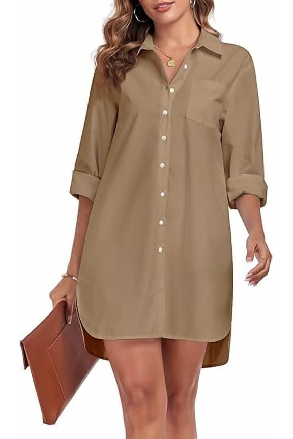 Women's Button Down Shirt Dress with Pockets Oversize Collared Long Sleeve High Low Tunic Dresses Blouse, Khaki,XL