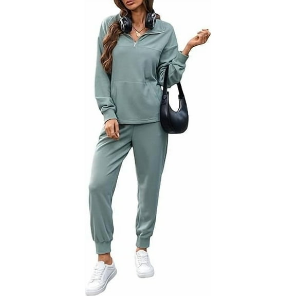 FIOPHY Women's Waffle Knit 2 Piece Outfits Lounge Sets 1/4 Zip Up Pullover Long Sleeve Top Jogger Sweats Track Suits Set,Green，L