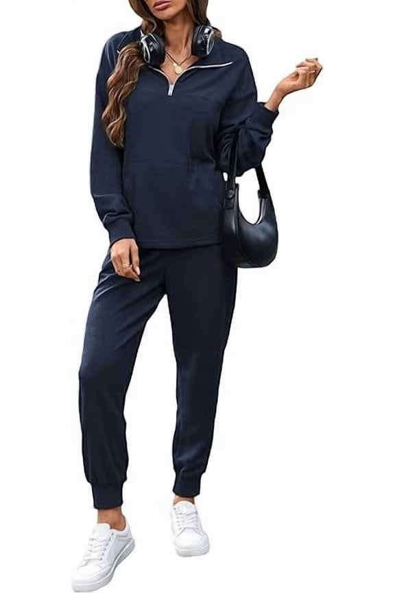 Women's Waffle Knit 2 Piece Outfits Lounge Sets 1/4 Zip Up Pullover Long Sleeve Top Jogger Sweats Track Suits Set,Navy Blue,M