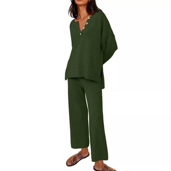 FIOPHY Womens 2 Piece Lounge Sets Fall Knit Outfits Button V Neck Tops Wide Leg Pants