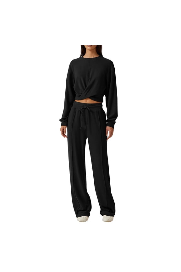Womens 2 Piece Lounge Sets Twist Front Cropped Sweatshirt Wide Leg Sweatpant Fall Outfits Sweatsuit Tracksuit