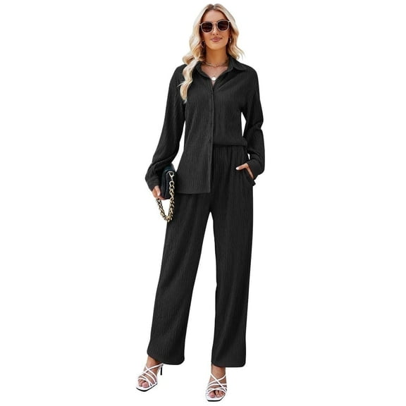 FIOPHY Womens Casual 2 Piece Outfits Pleated Wide Leg Pants and Long Sleeve Button Down Shirt Sets Lounge Streetwear Set