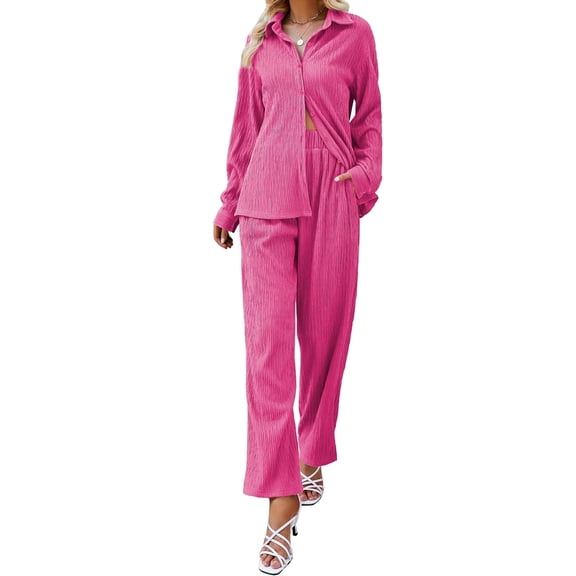 FIOPHY Womens Casual 2 Piece Outfits Pleated Wide Leg Pants and Long Sleeve Button Down Shirt Sets Lounge Streetwear Set