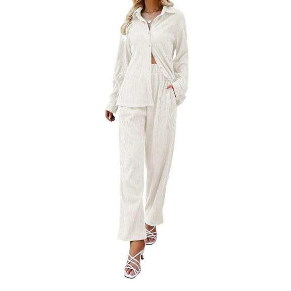 FIOPHY Womens Casual 2 Piece Outfits Pleated Wide Leg Pants and Long Sleeve Button Down Shirt Sets Lounge Streetwear Set