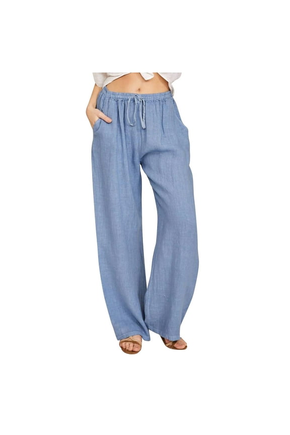Womens Casual Lightweight Drawstring Elastic Waist Loose Wide Leg Pants Blue S