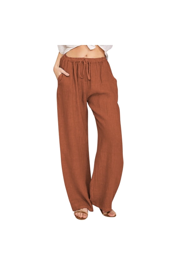 Womens Casual Lightweight Drawstring Elastic Waist Loose Wide Leg Pants Orange M