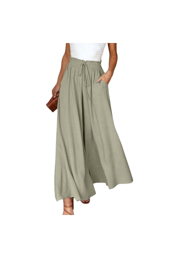 Womens Casual Wide Leg Pants Drawstring Ruffle Belted Elastic Waist Baggy with Pockets