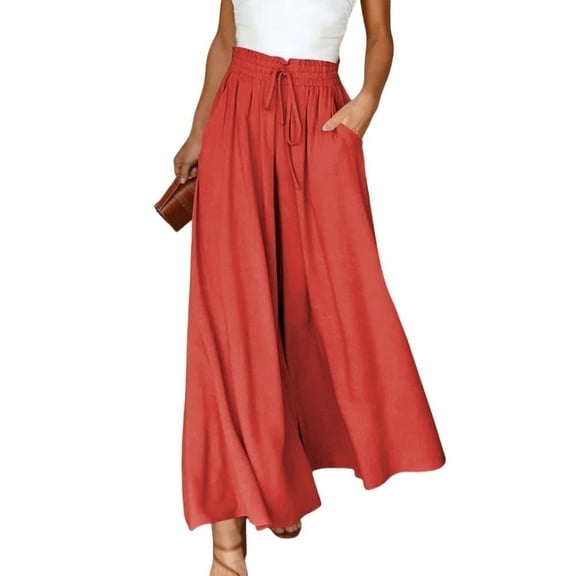 FIOPHY Womens Casual Wide Leg Pants Drawstring Ruffle Belted Elastic Waist Baggy with Pockets