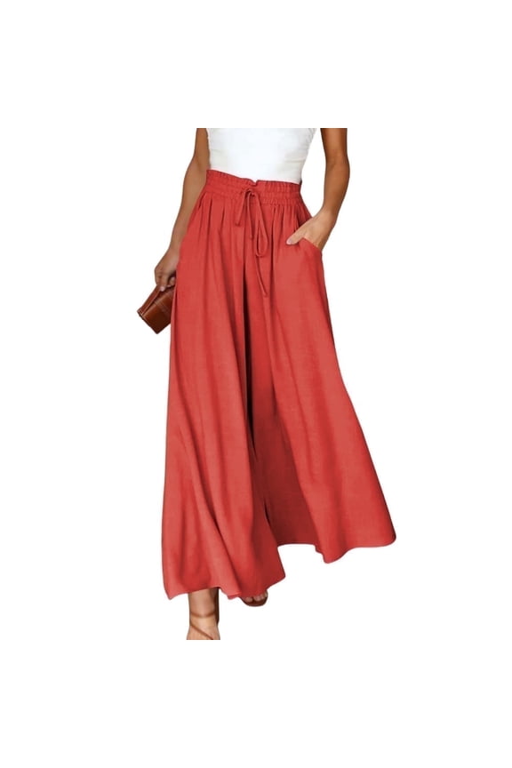 Womens Casual Wide Leg Pants Drawstring Ruffle Belted Elastic Waist Baggy with Pockets