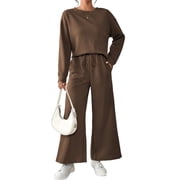 FIOPHY Womens Fall 2 Piece Outfits Ribbed Knit Lounge Sets Crew Neck Sweatshirts and Drawstring High Waist Pants