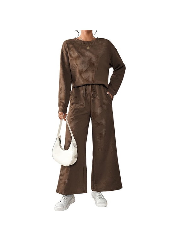Womens Fall 2 Piece Outfits Ribbed Knit Lounge Sets Crew Neck Sweatshirts and Drawstring High Waist Pants