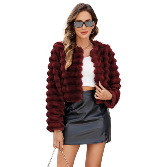 ieFashion  Womens Faux Fur Cropped Coats Fuzzy Long Sleeve Winter Jacket Open Front Cardigan Top Fluffy Warm Outwear with Pocket,Red,L