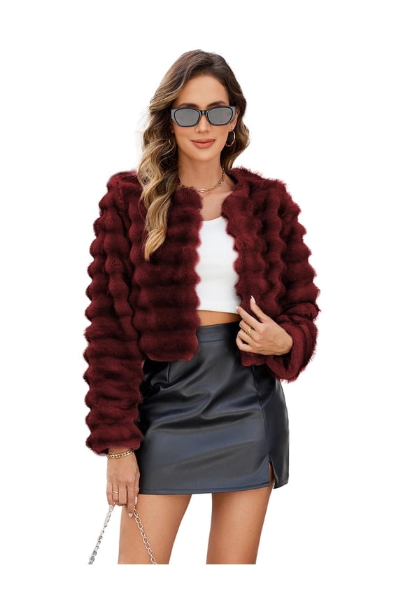 Womens Faux Fur Cropped Coats Fuzzy Long Sleeve Winter Jacket Open Front Cardigan Top Fluffy Warm Outwear with Pocket,Red,M