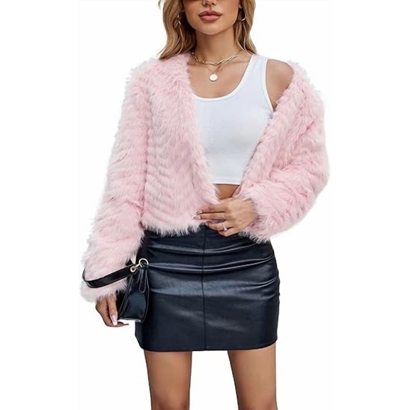 ieFashion Womens Faux Fur Cropped Coats Fuzzy Winter Jacket Long Sleeve Open Front Cardigan Top Fluffy Warm Outwear with Pockets,Pinkļ¼S
