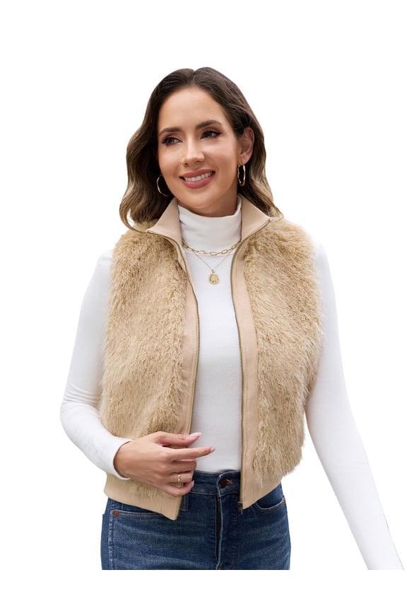 Womens Faux Fur Cropped Coats Long Sleeve Open Front Cardigan Top Fluffy Warm Outwear,Apricot,L