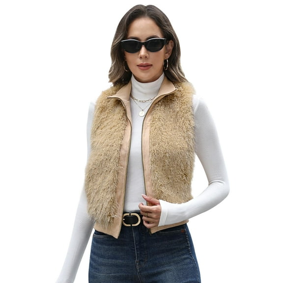 ieFashion Womens Faux Fur Vest Lapel Collar Sleeveless Zip Up Cardigan Vest Top Fuzzy Coats Jacket Fluffy Outwear with Pockets