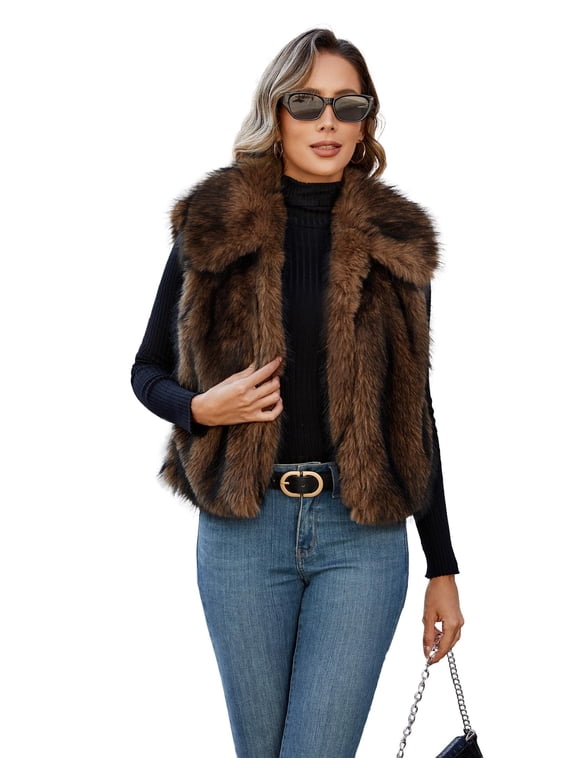 Womens Faux Fur Vest Lapel Collar Sleeveless Open Front Cardigan Top Fuzzy Coats Jacket Fluffy Outwear with Pockets