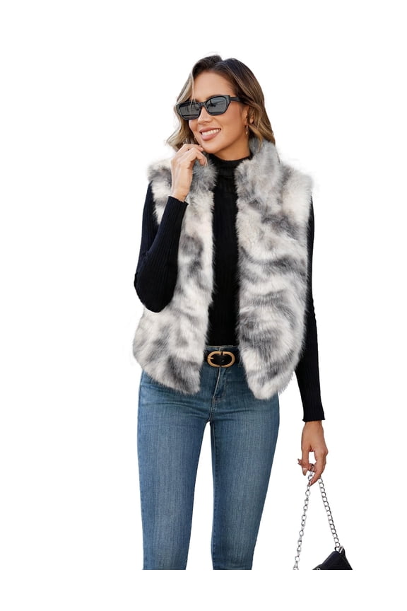 Womens Faux Fur Vest Stand Collar Sleeveless Zip Up Vest Cardigan Top Fuzzy Coats Jacket Fluffy Outwear with Pockets,Gray,XL