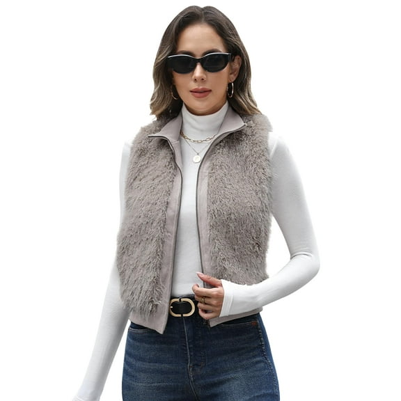 ieFashion Womens Faux Fur Vest Lapel Collar Sleeveless Zip Up Cardigan Vest Top Fuzzy Coats Jacket Fluffy Outwear with Pockets