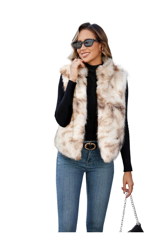Womens Faux Fur Vest Stand Collar Sleeveless Zip Up Vest Cardigan Top Fuzzy Coats Jacket Fluffy Outwear with Pockets,Khaki,S